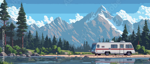 A white camper van is parked by a lake in the mountains. The scene is peaceful and serene, with the mountains in the background and the water reflecting the sky. Concept of adventure and relaxation