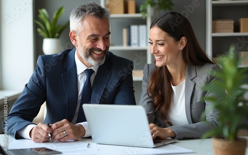 Mature mentor senior leader man showing young woman employee project on laptop in office. Two partners, colleagues, team of professional financial business people working at desk. Banner, copy space