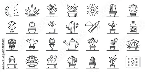 Set of various plants in pots icons vector illustration representing indoor gardening hobby and succulent collection for botanic enthusiasts and design projects