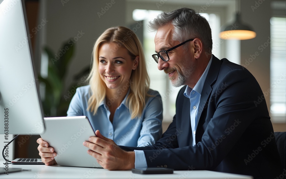 Fototapeta premium Mature senior leader man in suit and young employee woman working together on project on tablet pad device in office. Team of two colleagues of professional business people using computer. Vertical