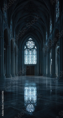 Dark, gothic cathedral interior.  Light from stained glass