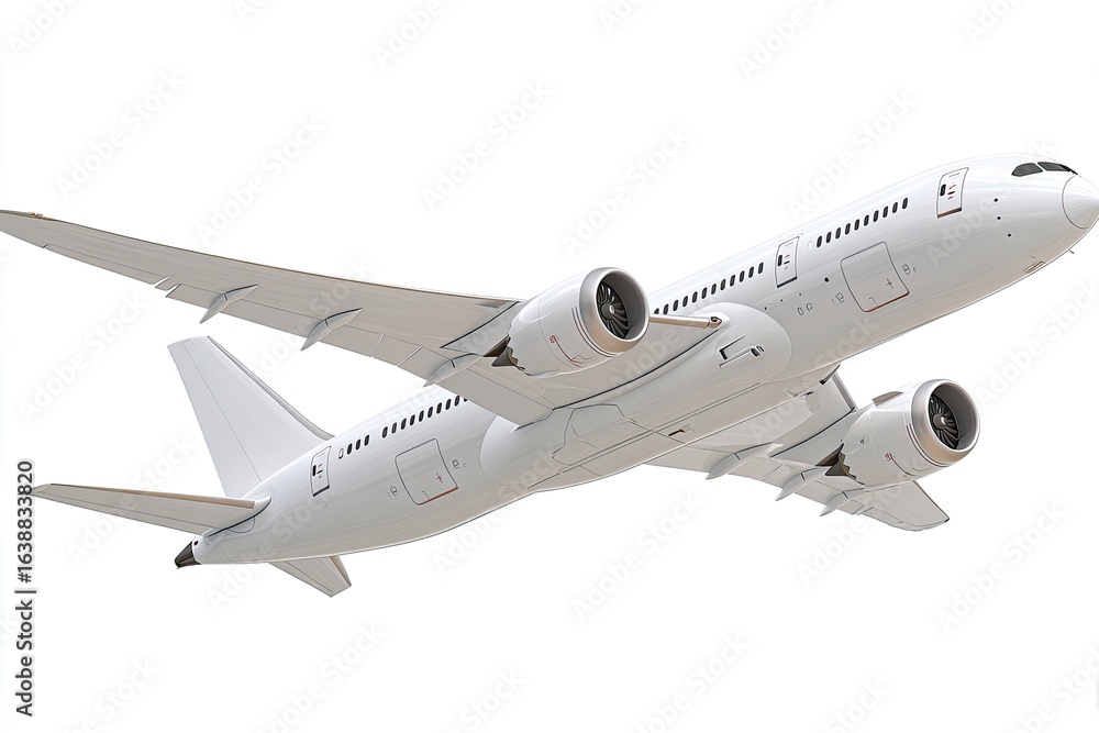 Obraz premium White commercial jet airliner in flight against a white background