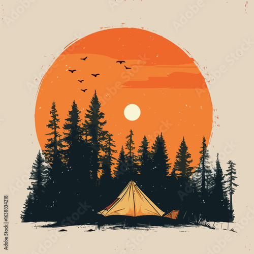A painting of a campfire with a large orange moon in the background. The painting has a mood of warmth and relaxation, as it depicts a peaceful camping scene