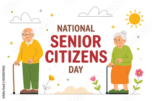A heartwarming flat vector illustration celebrating National Senior Citizens Day with a smiling elderly couple walking with canes in a park.