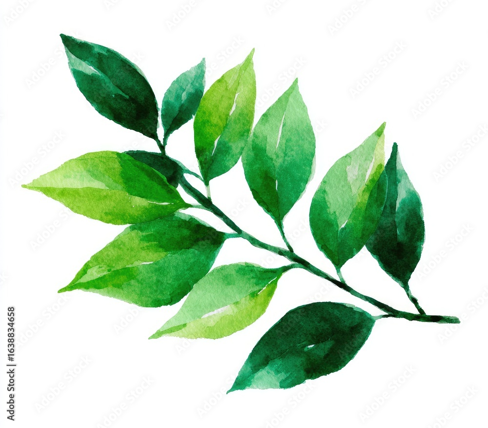 Fototapeta premium Watercolor illustration of a leafy branch. A vibrant green branch with several leaves, painted in watercolor style, set against a white background. 