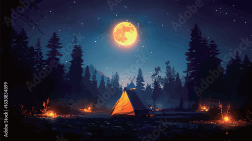 A red tent is set up in front of a large mountain range. The sky is dark and the moon is visible in the distance. The scene is peaceful and serene
