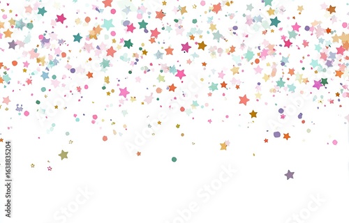 Colorful confetti stars and dots on white background
