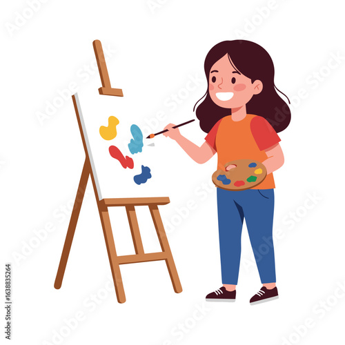 A cheerful young girl discovers her passion for art, happily painting colorful abstract shapes on a canvas at her wooden easel.