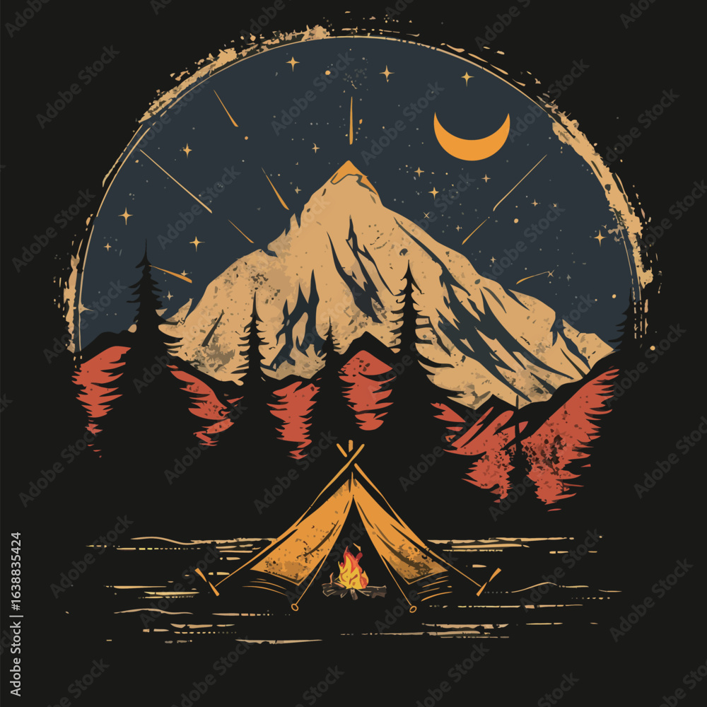 Fototapeta premium A painting of a campfire and a tent in front of a mountain with a full moon in the background