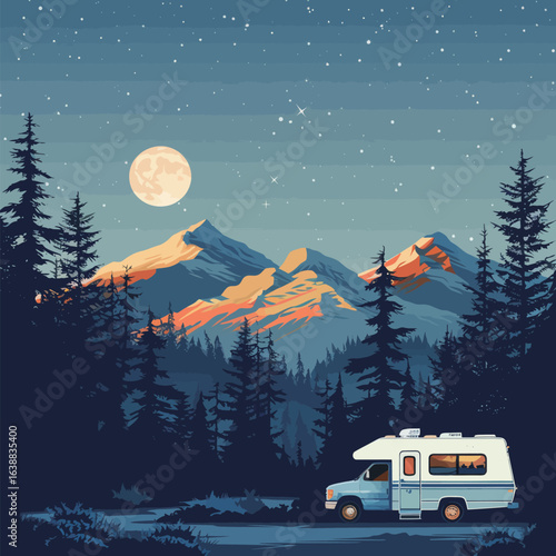 A blue camper van is parked in front of a mountain range. The sky is dark and the moon is shining brightly. The scene is peaceful and serene, with the mountains in the background