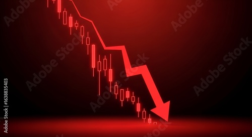 Red downward trending stock market graph with candlestick chart showing financial decline and economic recession