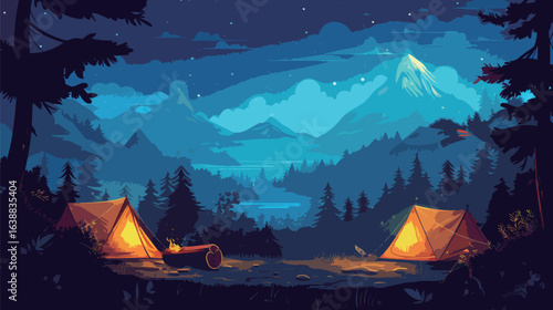 A mountain range with two tents and a fire pit. The scene is peaceful and serene, with the mountains in the background and the tents in the foreground. The fire pit adds warmth