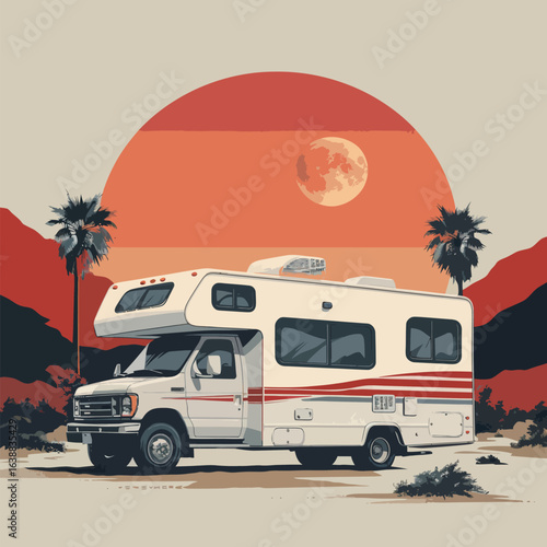 A white camper van is parked in the desert. The sky is orange and the moon is in the background