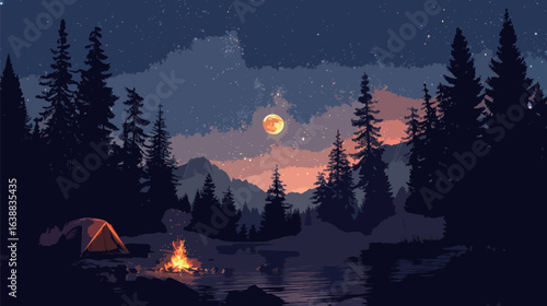 A beautiful mountain landscape with a campfire and a large moon in the sky