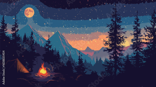 A beautiful mountain landscape with a campfire and a large moon in the sky