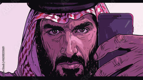 A man with a beard and a scarf is taking a picture of himself with a cell phone. The man is wearing a red and white scarf and a black hat