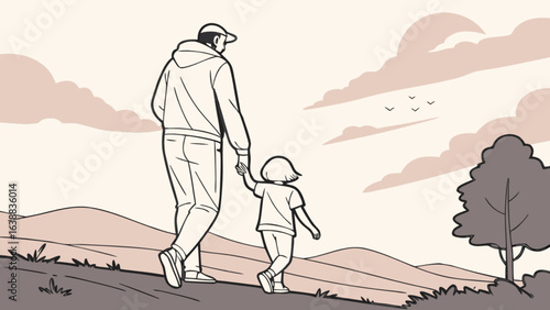Father and daughter walking together illustration family time outdoor scene parenting and childhood concept