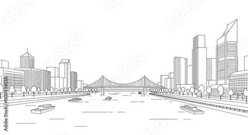 Minimalist Cityscape: Riverfront View with Bridge and Modern Buildings in Black and White Line Art