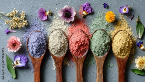 Colorful clay powders in wooden spoons, surrounded by flowers