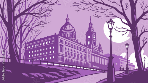 Illustration of a large building with a dome and a clock tower in a park with streetlights and trees