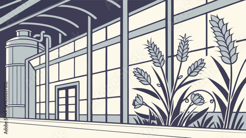 Illustration of a brewery building with storage tanks and wheat plants near the windows outside