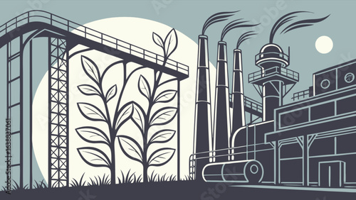 Illustration of a factory with smokestacks and a plant growing near a metal structure outside