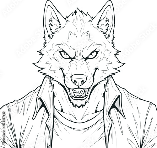 Line art illustration of an anthropomorphic wolf wearing a shirt, with a menacing expression and visible teeth.