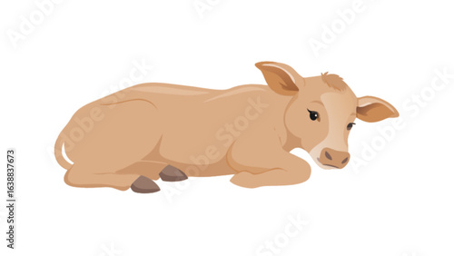 Illustration of a light brown calf lying down with its legs tucked underneath on a white background