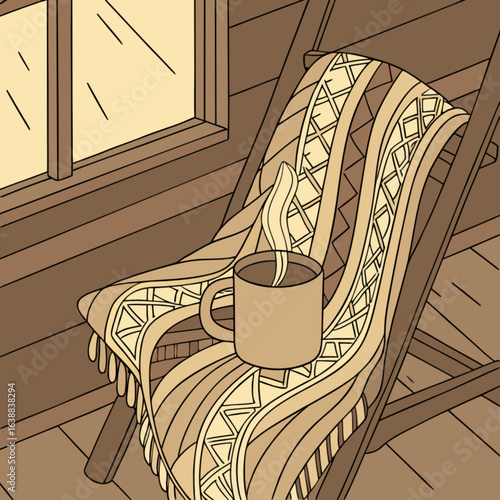 A cozy scene with a mug of hot beverage on a patterned blanket draped over a wooden chair indoors near window