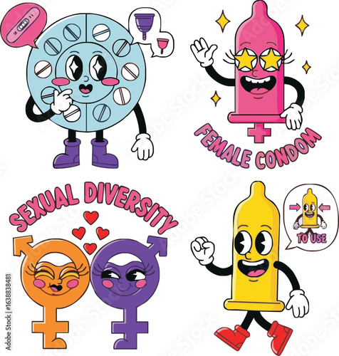 Cartoon characters representing birth control and sexual diversity.