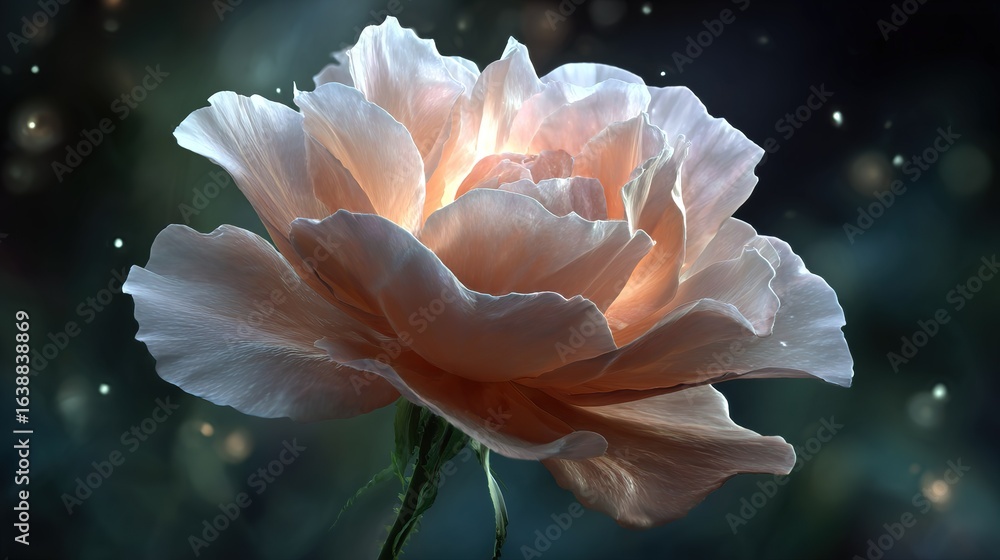 Fototapeta premium Close up of delicate peach rose with glowing petals against dark bokeh background