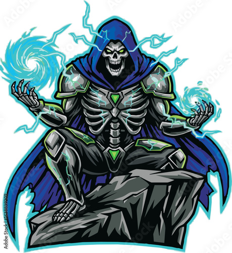 Menacing skeletal sorcerer in a blue cloak and armor casting powerful blue energy and lightning from a rock.