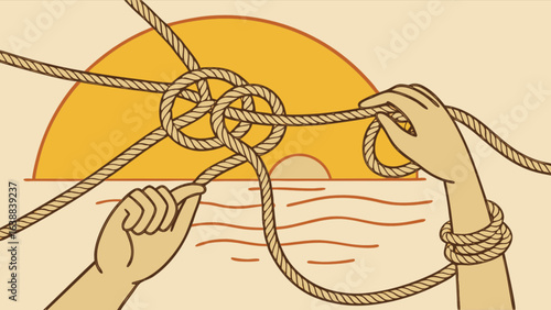 Hands tying a complex rope knot with a sunset and ocean in the background illustration design