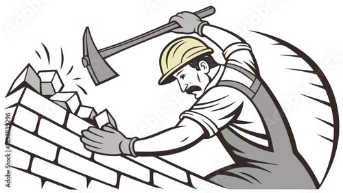 Illustration of a bricklayer with a hammer breaking bricks wearing a hard hat and work clothes