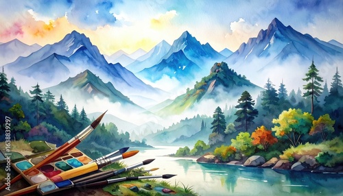Colorful Mountain Landscape Watercolor Painting