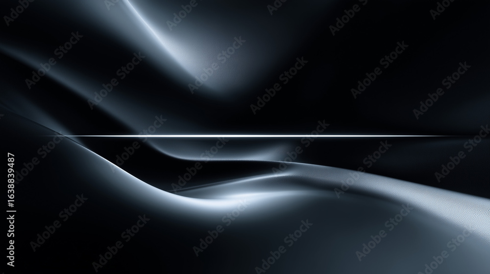 Fototapeta premium Abstract dark background with flowing shapes and a bright horizontal line cutting across the image plane