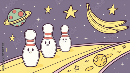 Cartoon space bowling alley with pins bananas planet and stars in a whimsical design style scene
