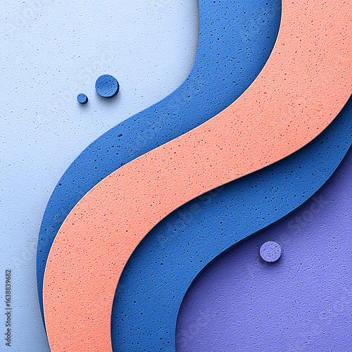 Abstract design featuring wavy shapes in blue and pink tones against a textured background