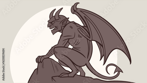 Illustration of a gargoyle with wings and horns perched on a rocky outcrop in a cartoon style