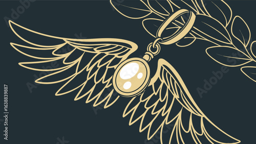 Golden winged locket with a gem and olive branch on a dark background decorative illustration