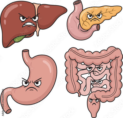 Cartoon illustration of five angry human organs, including liver, pancreas, stomach, and intestines.