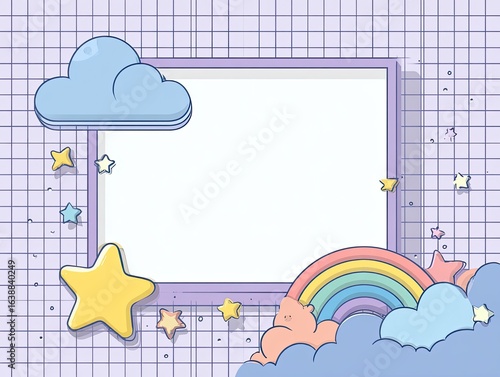 Pastel grid background with frame, clouds, stars, and rainbow
