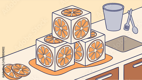 A still life scene featuring orange slice cubes stacked on a counter with kitchen utensils nearby