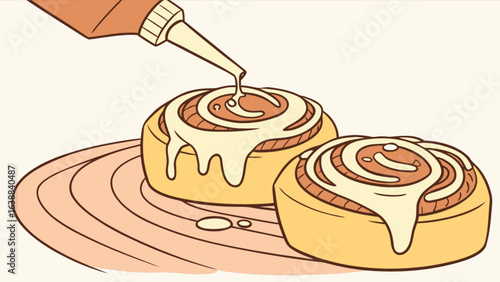 Icing being poured onto two cinnamon rolls sitting on a wooden plate in a cartoon style image