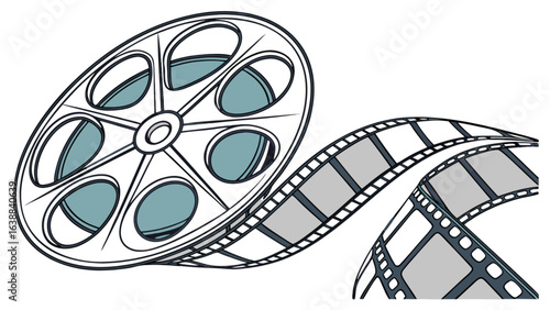 A film reel with a gray film strip winding out from it on a white background in a cartoon style