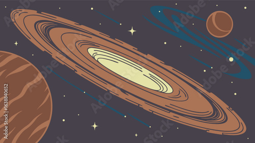 Illustration of a galaxy with planets and stars in a cartoon style space scene with rings around planet