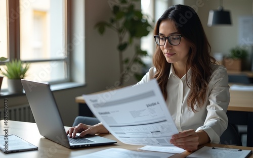 Focused latin hispanic young business woman working on laptop computer reading financial document report in office. Accountant entrepreneur manager businesswoman doing paperwork using pc. Copy space
