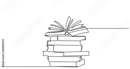 Continuous line drawing of an open book and stack of books for knowledge.Line art open book with pages fanning out, wisdom, knowledge, education, literature, and creativity in a clean, library concept