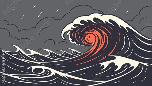 Illustration of a large orange wave with smaller white waves under a gray cloudy sky with rain 100char