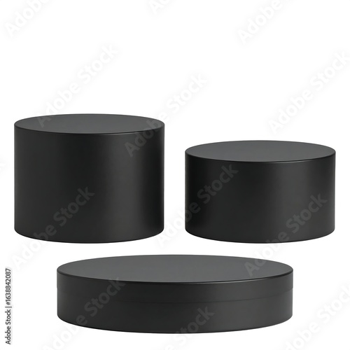 Three matte black cylindrical platforms of varying heights
